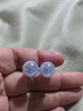 Iridescent Silver Plated Opal-Like Stud Earrings - Pale Blue